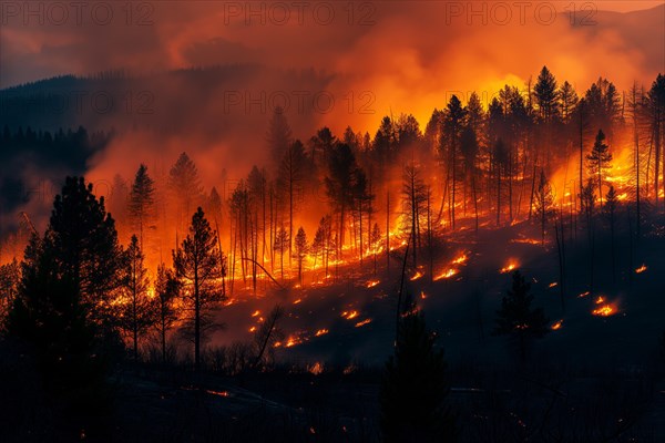 View of a forest fire is raging through a forest, with smoke and flames visible in the air. The scene is chaotic and dangerous, with trees and other vegetation being consumed by the fire, AI generated