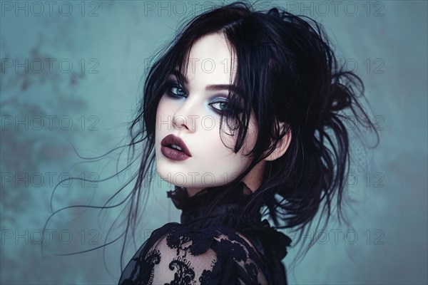 Young woman in gothic style in front of blue studio background. KI generiert, generiert, AI generated