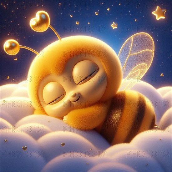 A cartoon bee character asleep in an astronaut costume among clouds with stars and hearts, AI generated
