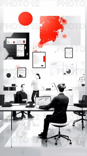 A modern grayscale office environment with a collaborative meeting space accented with red, illustration, AI generated