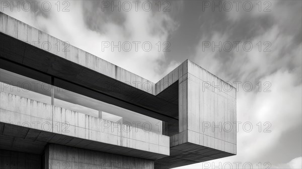 Monochrome photo of a modern concrete building with a geometric design under a dynamic cloudy sky, AI generated