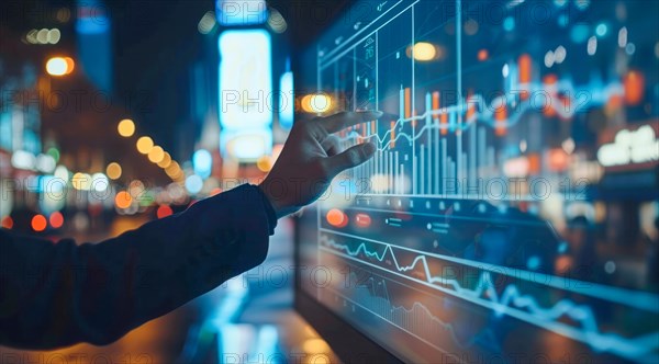 A man is pointing at a graph on a transparent screen showing market and economy trends, AI generated