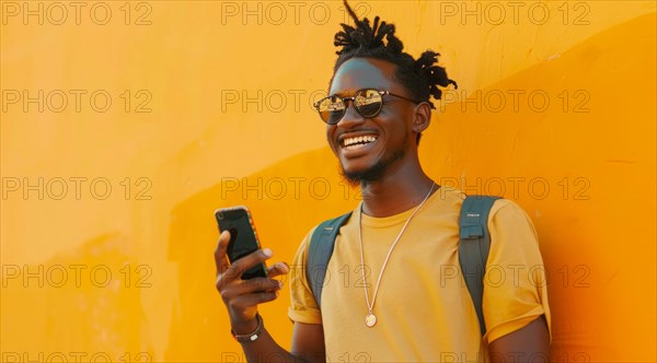Black young positive man with dreadlocks is smiling and standing in front of the building wall. Concept of confidence and positivity, AI generated