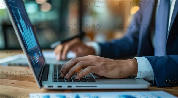 Concept of productivity. Businessman uses laptop to analyze marketing and productivity data, AI generated