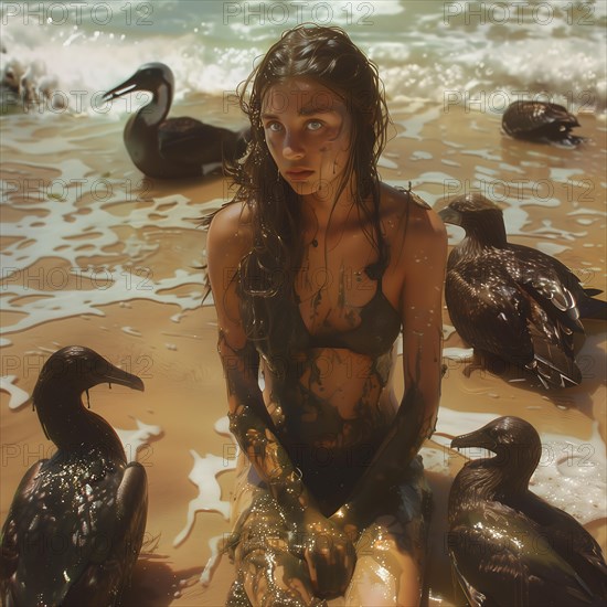 Young girl surrounded by oil-polluted Birds by the sea, a combination of innocence and tragedy, AI generated