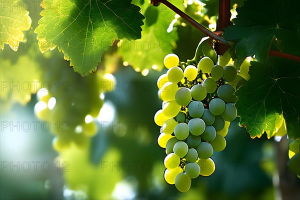 AI generated ripe grapes clinging to a vine sunlight dancing through the leaves accentuating their rich hues