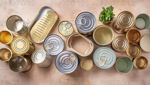 Symbol photo, empty tin cans on the kitchen table, AI generated, AI generated