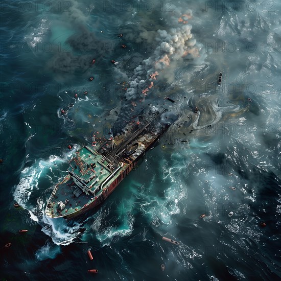 A sinking ship leaks oil into the sea, lifebuoys and debris drift around, pollution, environmental protection, AI generated