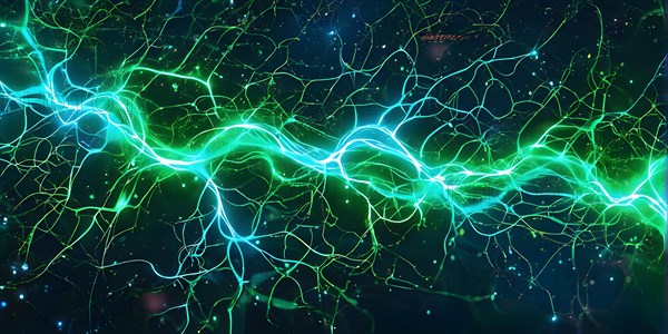 Ai generated conceptual illustration of a neuronal network with interconnected nodes pulsating in green tones, AI generated