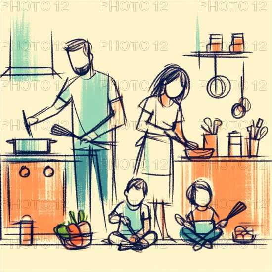 Family involved in meal preparation in a kitchen setting depicted in abstract drawing style, AI generated