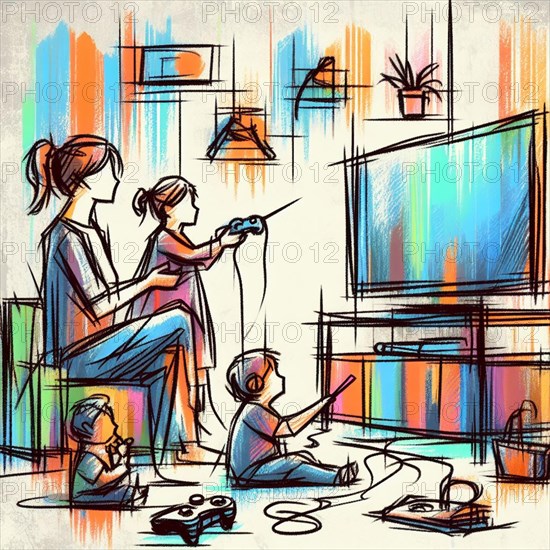 Illustration of a family gaming together in a cozy room filled with vivid colors, AI generated