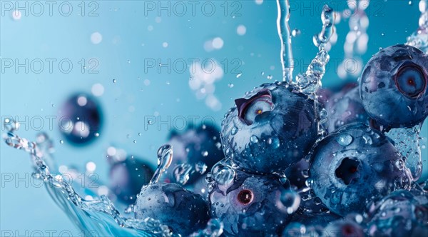 Fresh blueberries floating in water. A concept of vegetarian lifestyle and vegetarian diet, AI generated