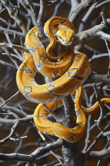 Stylized yellow tree snake wrapped around branches, AI generated