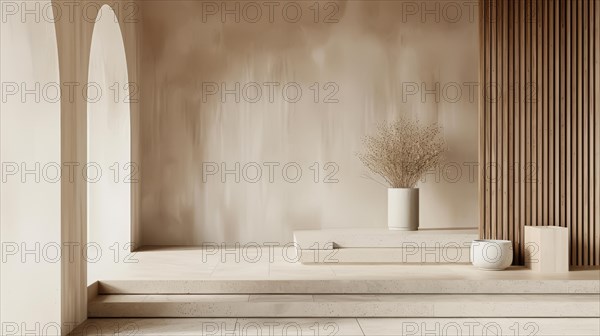 Minimalist interior with arched niches, dried plants in pots, exuding a calm atmosphere, AI generated