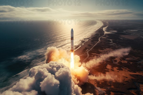 Aerial view of a rocket launch at sunrise sunset over an ocean coast. The rocket is blasting off with a trail of smoke and flames behind it, AI generated