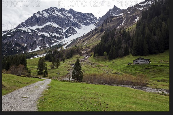 Gemsteltal, left behind Widderstein, right Berhardsgemstel-Alpe, Mittelberg, Kleinwalsertal, Vorarlberg, Allgaeu Alps, Austria, Europe