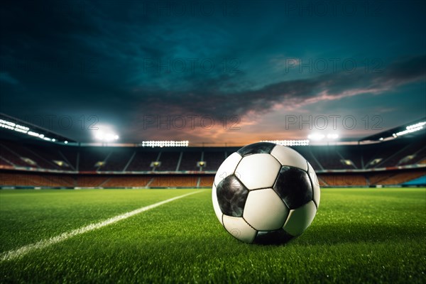 A soccer ball on a green field in soccer football stadium in evening with floodlights lights, AI generated