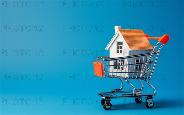 Real estate shopping concept, a house is a shopping cart on blue background, AI generated