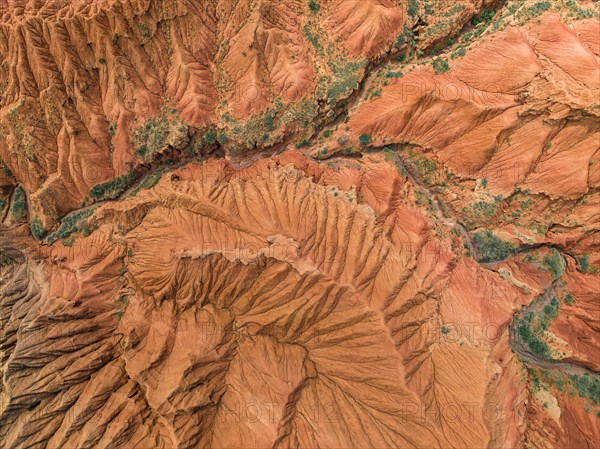 Badlands, canyon with eroded red sandstone rocks, Konorchek Canyon, Boom Gorge, aerial view, Kyrgyzstan, Asia