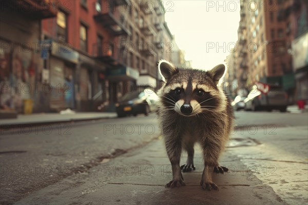 Wild racoon in city street. KI generiert, generiert, AI generated