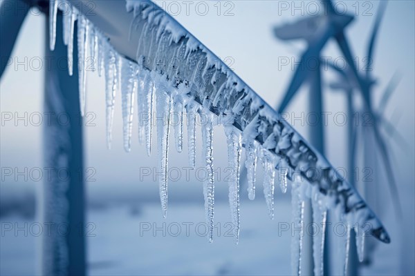 Close up of wind mill turbine covered in ice in winter. KI generiert, generiert, AI generated