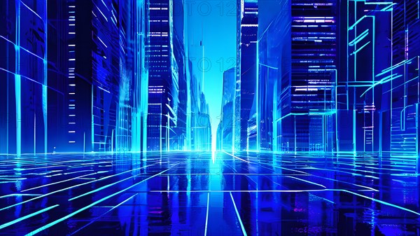 AI generated illustration of a cityscape with skyscrapers and holographic elements in blue color tones