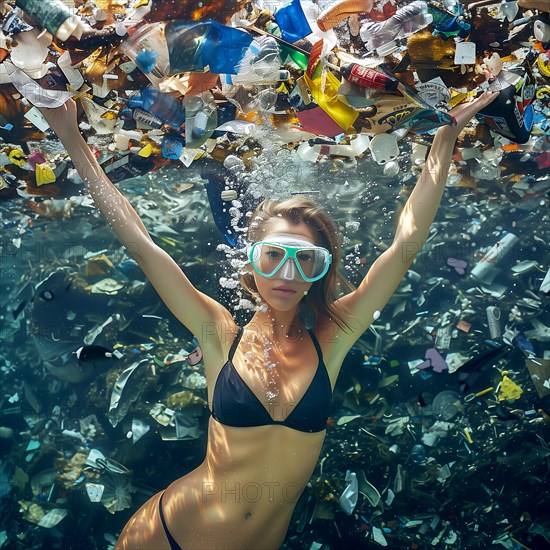 Woman dives under water and is surrounded by many plastic parts, AI generated