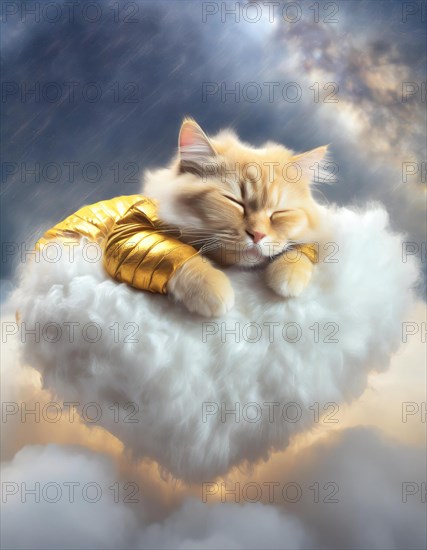 Tranquil ginger cat peacefully rests on a soft cloud, with glimmering golden wings, against a heavenly background, AI generated