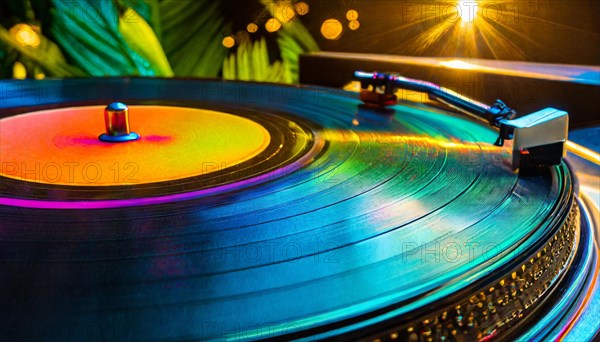 Vinyl play a song on a classic turntable against a vibrant background with bokeh effect ai generated, AI generated