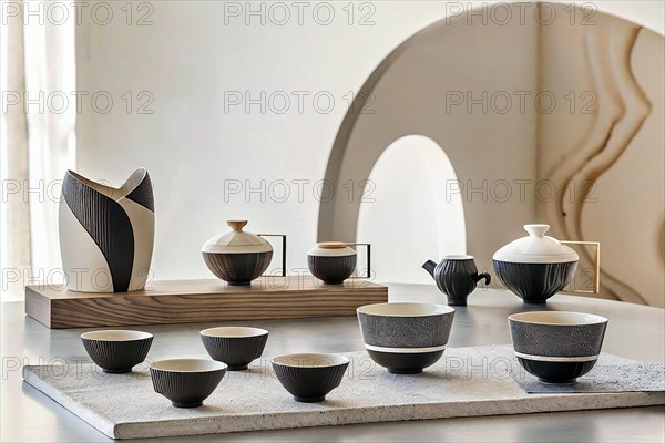 A contemporary update of the classic Japanese tea ceremony, presented in a minimalist space that celebrates traditional hospitality and grace in a modern way, tea service, Japan, AI generated, AI generated, Asia