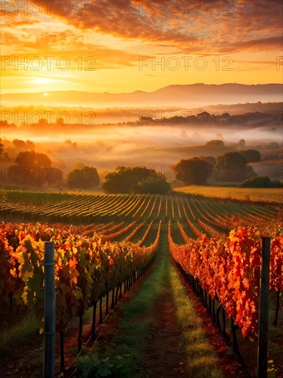 AI generated sunrise over a lush vineyard during autumn with harvest dew kissed grapes glistening