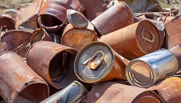 Symbol photo, rubbish, waste, many empty rusty cans in a pile, AI generated, AI generated