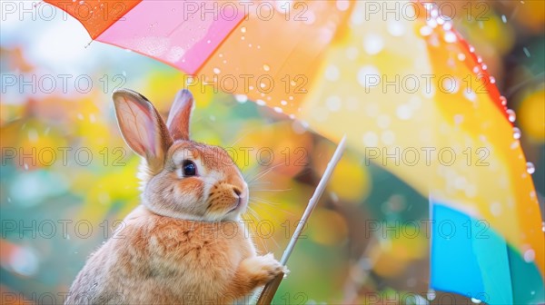 An adorable rabbit holding a polka dot umbrella in a charming rain shower with a bokeh effect, AI generated