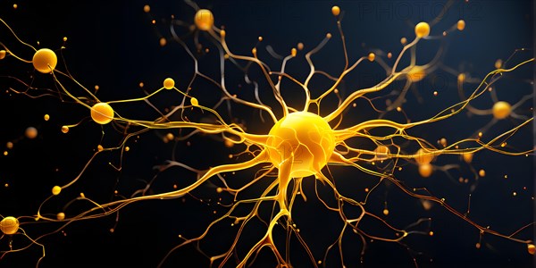 Ai generated conceptual illustration of a neuronal network with interconnected nodes pulsating in yellow tones, AI generated