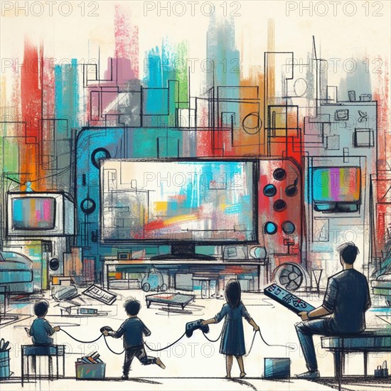 A family in a modern urban environment surrounded by abstract representations of technology, AI generated