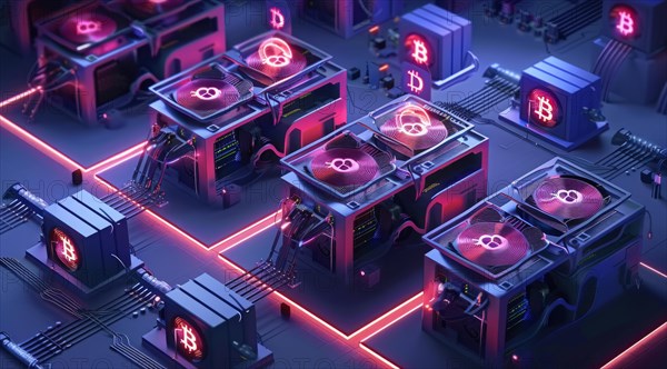 Bitcoin crypto farm dealing with bitcoin mining, AI generated