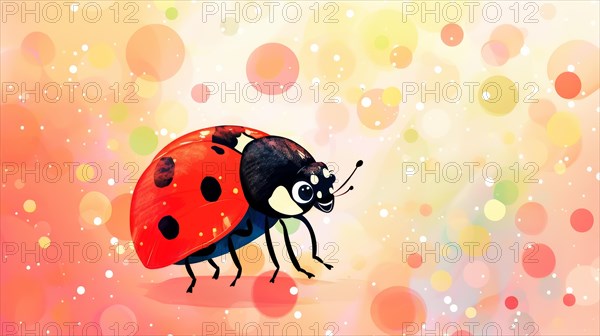 Colorful cartoon ladybug with polka dots and bokeh light effects, AI generated