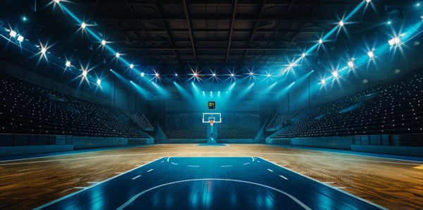 Sport arena before the game. The basketball court is empty and lit up with bright lights, AI generated