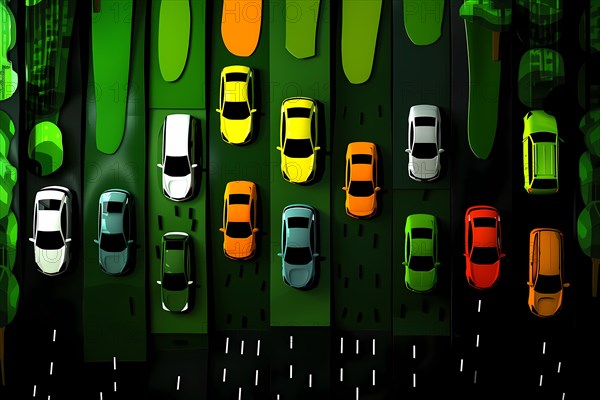 Aerial view of cars on a city street with green tones and glowing reflections, 3D, illustration, AI generated