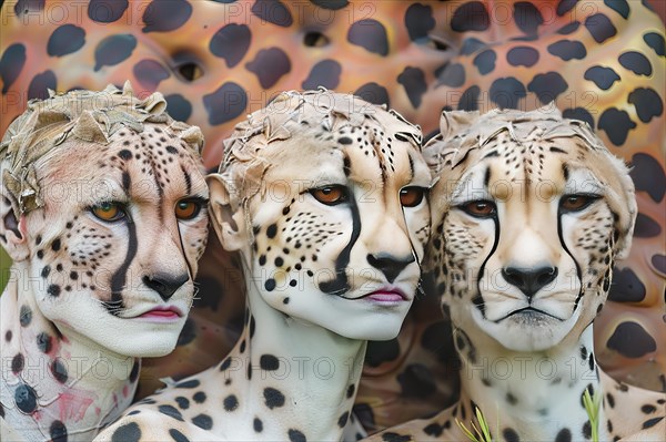 Imaginary cheetahs with human faces and eyes, AI generated