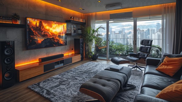 Modern living room with premium furnishings, city view, and ambient lighting in the evening, AI Generated, AI generated