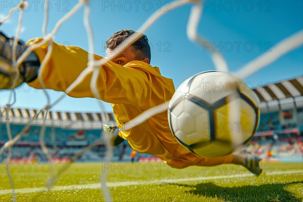 A soccer player in a yellow jersey goalkeeper is diving to catch a soccer ball. The goalie is reaching out to catch the ball but misses, AI generated