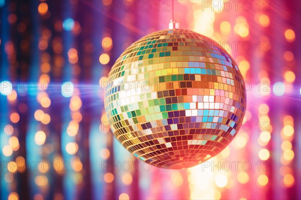 A disco ball is suspended from the ceiling at party in nightclub, reflecting the lights and creating a festive atmosphere, AI generated