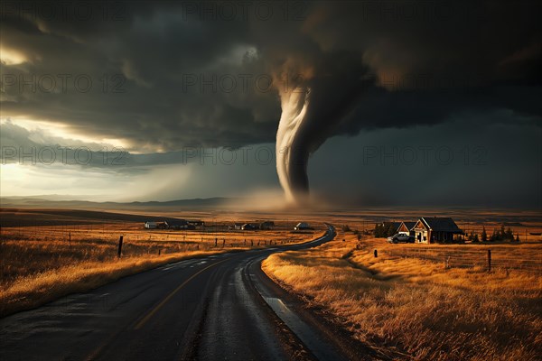 Disaster catastrophe storm concept, tornado in a field in the USA with road in field under stormy dark sky, AI generated