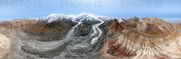 Aerial view, panorama, high mountain landscape with glacier moraines and glacier tongues, glaciated and snow-covered mountain peaks, Lenin Peak and Peak of the XIX Party Congress of the CPSU, Traveller's Pass, Trans Alay Mountains, Pamir Mountains, Osher Province, Kyrgyzstan, Asia