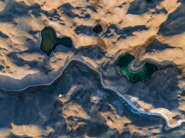 Barren landscape with turquoise lakes, aerial view, top-down view, Chong-Alay District, Kyrgyzstan, Asia