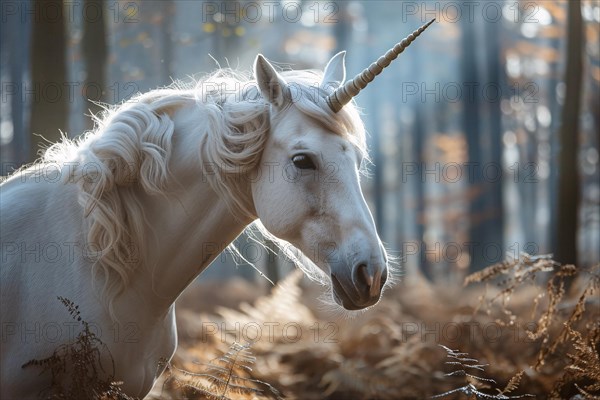 Beautiful white unicorn in autumn forest. KI generiert, generiert, AI generated