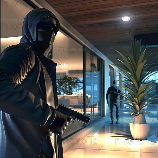An armed burglar sneaks into a modern house with interior lighting, burglary, burglar, home invasion, AI generated