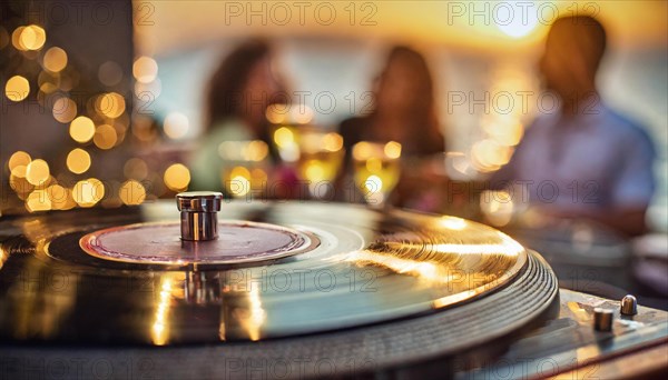 Intimate gathering with a turntable playing a vinyl record in ambient lighting, AI generated