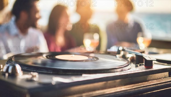 Friends enjoy drinks vinyl record playing together in cozy setting at sunset, bokeh effect ai generated, AI generated